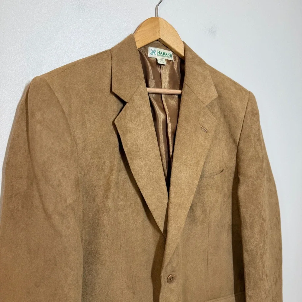 Vintage Haband Mens 40R Faux Suede Blazer Camel Tan 2 Button Sport Coat Jacket